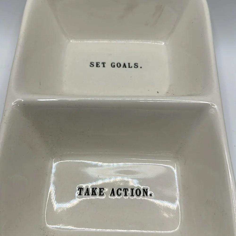 Rae Dunn, SET GOALS TAKE ACTION Dish White Ceramic Divided Dish
